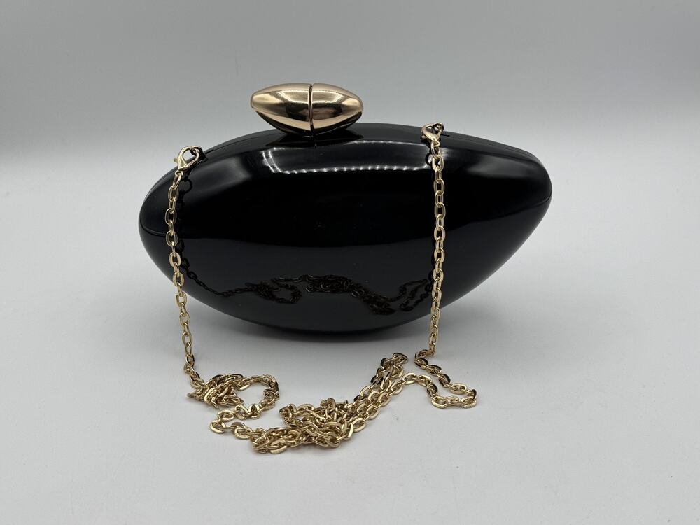 INC International Concepts Hard Shell Oval Evening Clutch Purse Black & Gold NEW